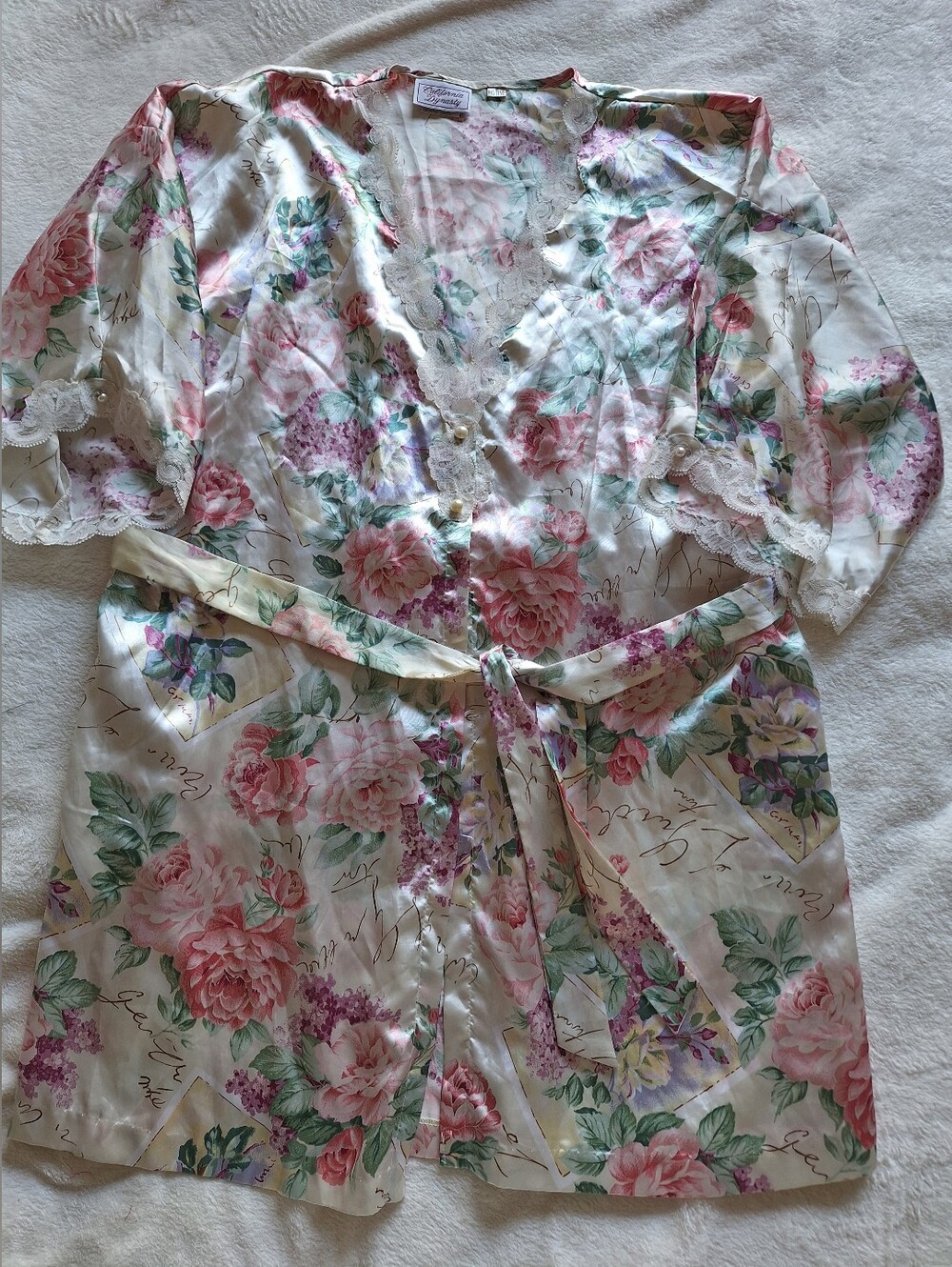 Vintage California Dynasty Satin Floral Lace Robe Wrap Dress Made in USA Large